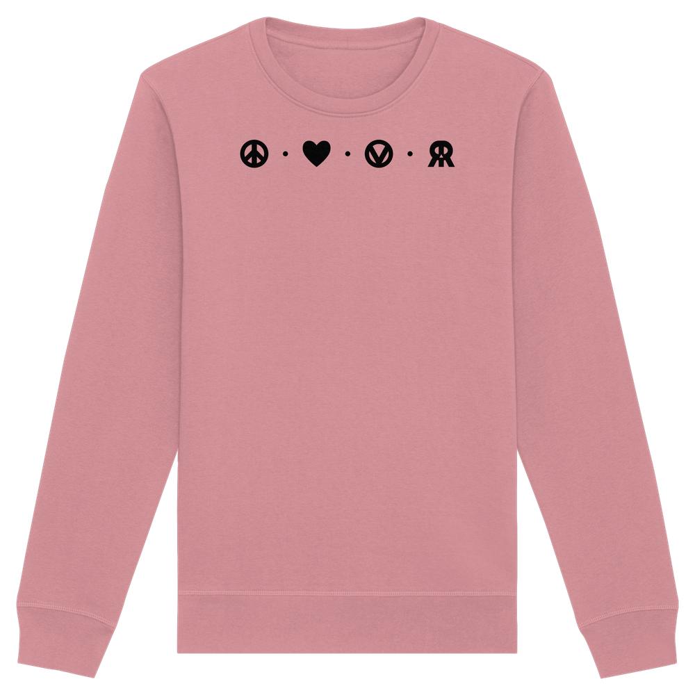 Vegan und Bio Unisex Sweatshirt mit Peace - Love - Veganism - RUDE REBEL-Design, zeigt Symbole für Frieden, Liebe, Veganismus und Rebellion auf der Brust.