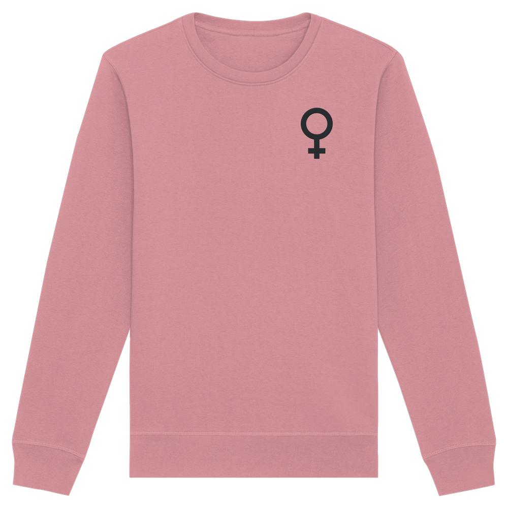 Damen-Sweatshirt aus Bio-Baumwolle in staubigem Rosa mit gesticktem schwarzen Venussymbol auf der Brust, symbolisiert den feministischen Kampf.