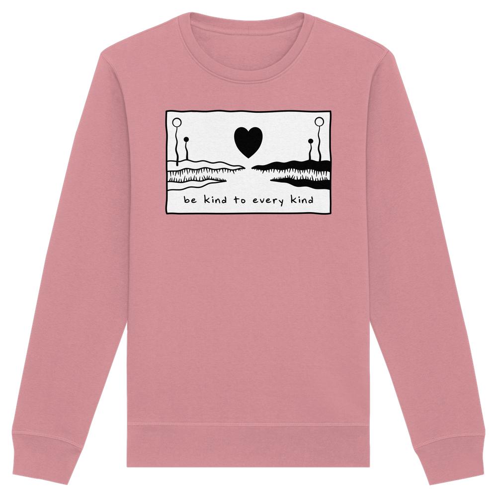 Vegan und Bio Unisex Sweatshirt: Be kind to every kind, mit schwarzer Grafik und Slogan auf der Brust, aus Bio-Baumwolle und recyceltem Polyester, normale Passform.