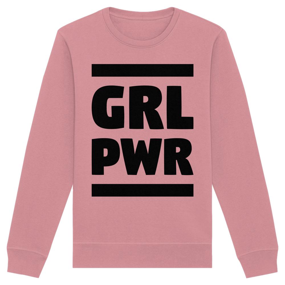 Vegan und Bio Unisex Sweatshirt: GIRL POWER. Pinkes Sweatshirt mit GRL PWR-Grafik in Schwarz zwischen zwei dicken Balken. Hergestellt aus Bio-Baumwolle und recyceltem Polyester.