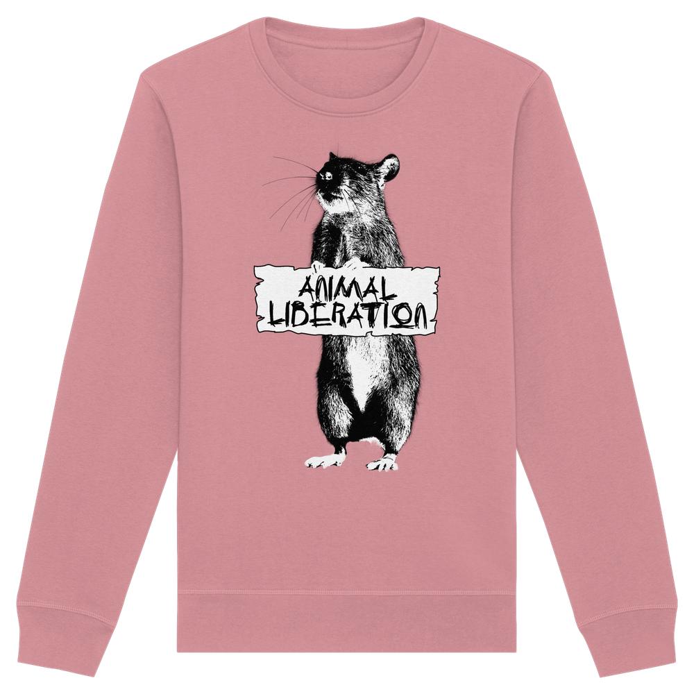 Vegan und Bio Unisex Sweatshirt: Rat for Animal Liberation, rose-pink, mit monochromem Nagetier und Animal Liberation-Schild, inspiriert von Banksy's Street Art, aus Bio-Baumwolle und recyceltem Polyester.