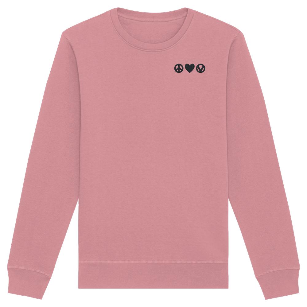 Vegan und Bio Sweatshirt bestickt: Peace - Love - Veganism, rosé-pinkes Langarmshirt mit Friedens-, Herz- und Vegan-Symbol auf der Brust, aus Bio-Baumwolle und recyceltem Polyester.