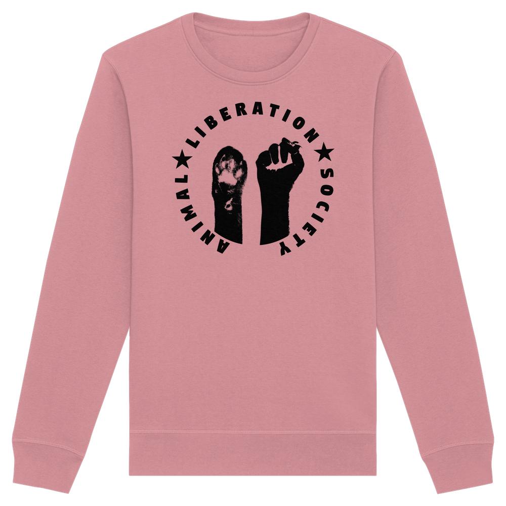 Vegan und Bio Unisex Sweatshirt: Raise paw and fist for Animal Liberation! Staubrosa Sweatshirt mit schwarzem Stencil-Design von erhobener Faust und Katzenpfote, umgeben von ANIMAL LIBERATION SOCIETY.