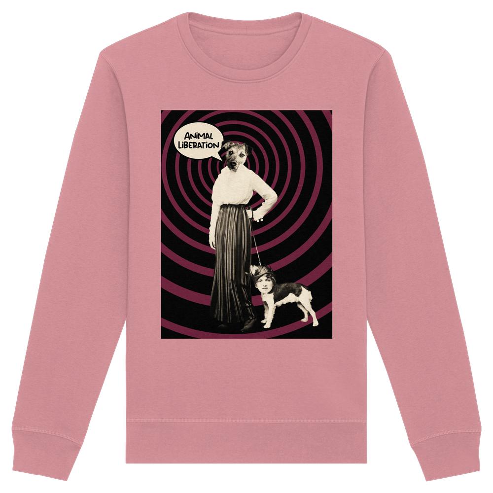 Vegan und Bio Unisex Sweatshirt: Upside Down - Animal Liberation mit surrealem Collage-Print einer Frau mit Hundekopf und hypnotischem Spiralhintergrund, 85 % Bio-Baumwolle, 15 % recyceltes Polyester.
