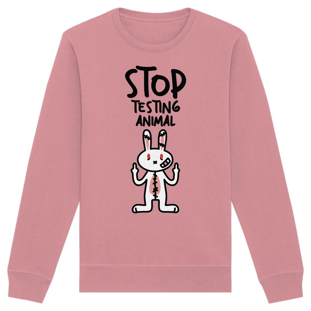 Vegan und Bio: Angry Rabbit - Animal Rights - Organic Basic Unisex Sweatshirt mit wütendem Kaninchenmotiv und Anti-Tierversuchs-Slogan, hergestellt aus Bio-Baumwolle und recyceltem Polyester.