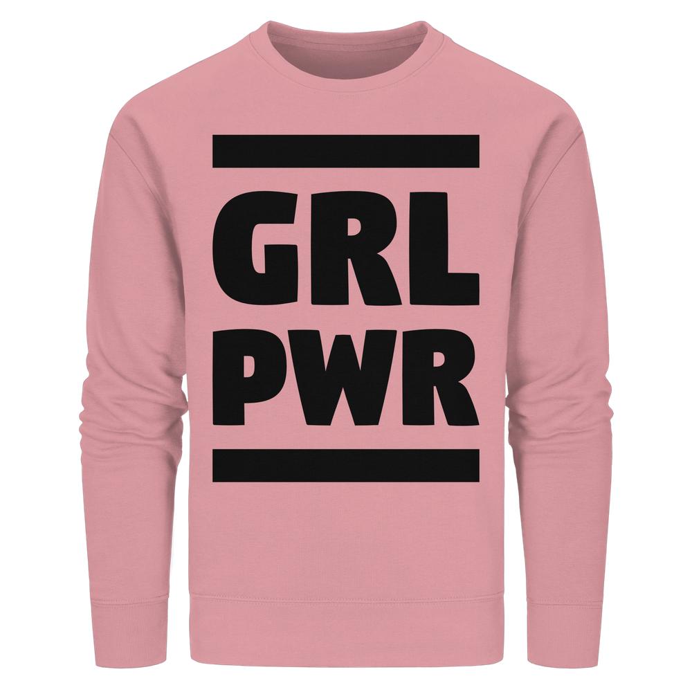 Unisex Sweatshirt mit feministischer Botschaft GIRL POWER, hellrosa Crewneck, schwarze Grafik mit GRL PWR zwischen horizontalen Balken, aus Bio-Baumwolle und recyceltem Polyester.