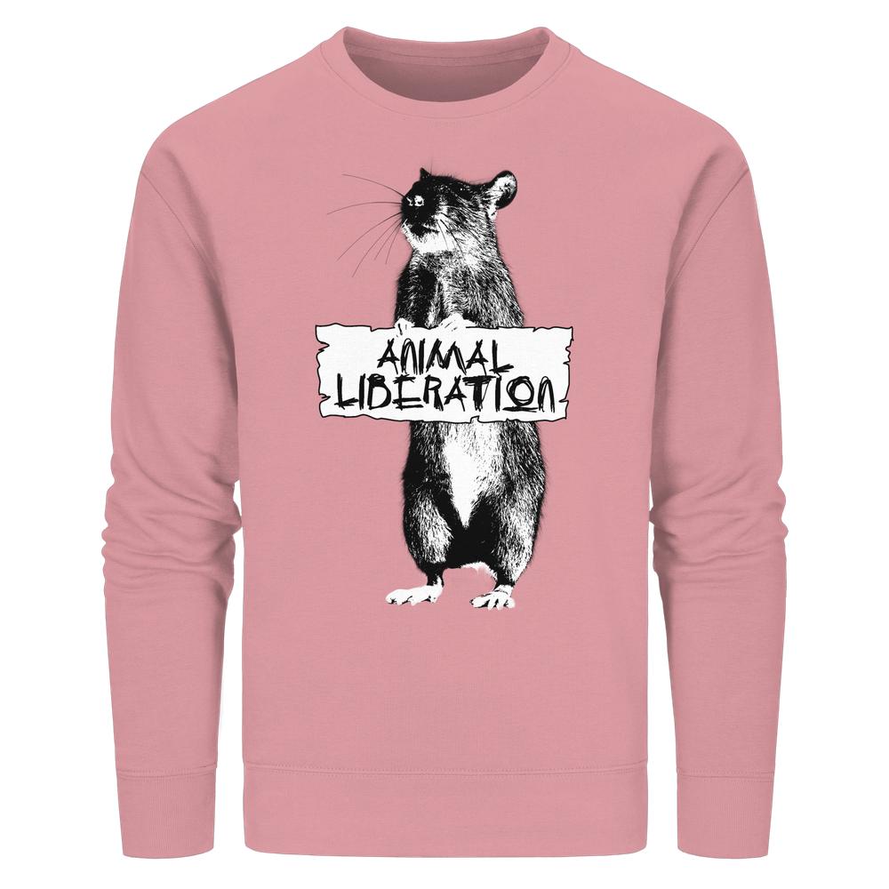 Vegan und Bio Unisex Sweatshirt: Rat for Animal Liberation mit Banksy-inspirierter Rattenillustration und ANIMAL LIBERATION Schriftzug, aus nachhaltiger Bio-Baumwolle und recyceltem Polyester.
