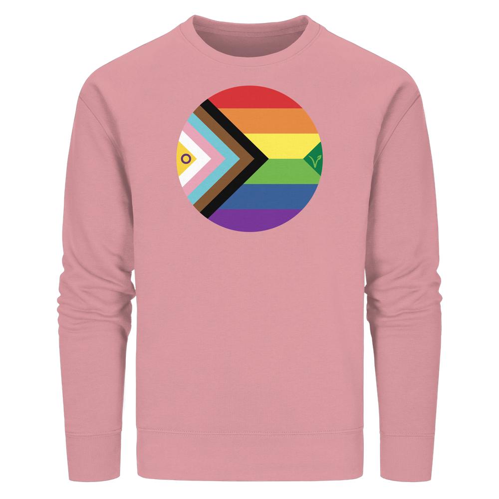 Unisex-Sweatshirt in Rosa mit LGBTQAI+ Veganismus-Motiv, kombiniert Pride-Flagge mit veganem Symbol, aus Bio-Baumwolle und recyceltem Polyester, normales Design von RUDE REBEL.