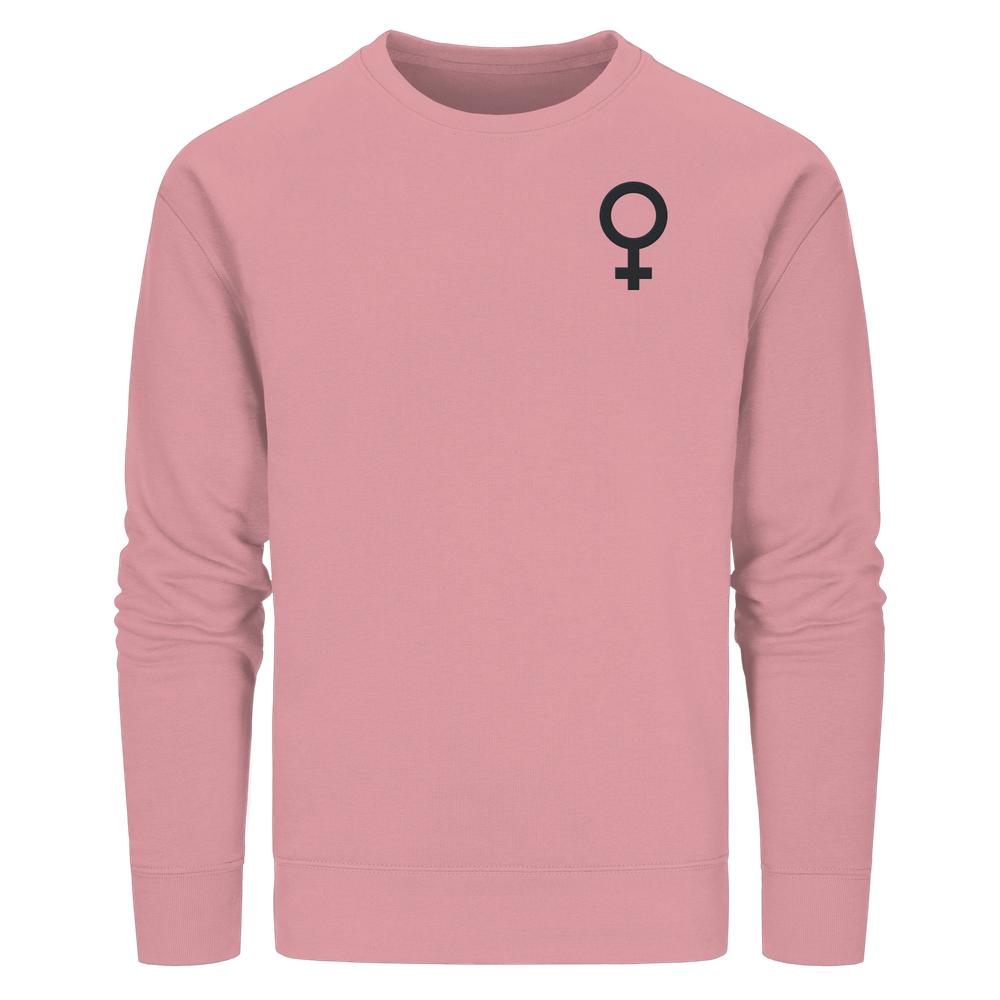 Vegan und Bio Sweatshirt bestickt: Das Venussymbol - der feministische Kampf, hellrosa, mit Venuszeichen, aus Bio-Baumwolle und recyceltem Polyester, normale Passform, rebellisches Design.