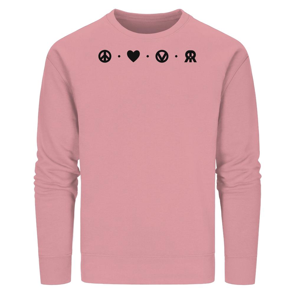 Vegan und Bio Unisex Sweatshirt: Peace - Love - Veganism - RUDE REBEL, mit ikonischen Symbolen auf der Brust, symbolisiert friedfertige, liebevolle und rebellische Werte im nachhaltigen Design.