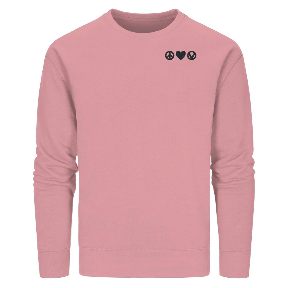 Vegan und Bio Sweatshirt bestickt: Peace - Love - Veganism, ein schlichtes, hellrosa Crewneck mit kleinem, symbolischen Logo auf der Brust, aus nachhaltiger Bio-Baumwolle und recyceltem Polyester.