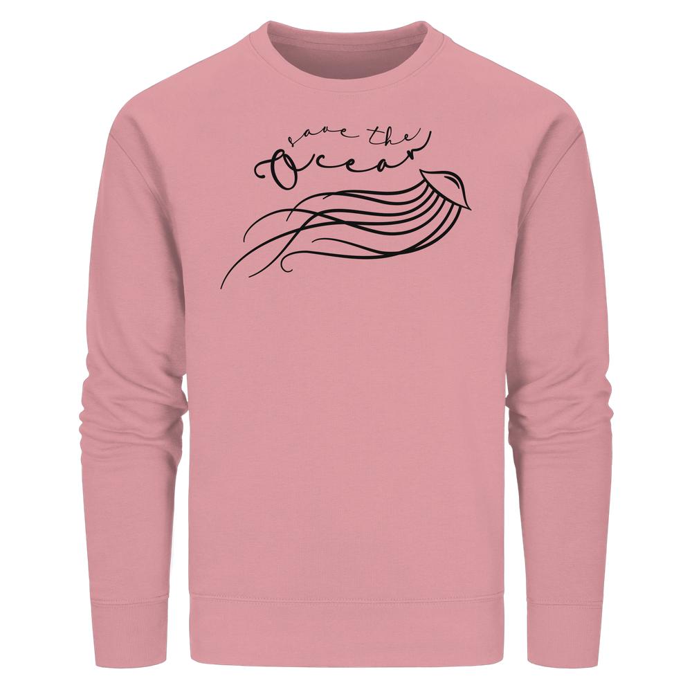 Vegan und Bio Unisex Sweatshirt: Jellyfish - Save the Ocean mit minimalistischer Qualle und Slogan, betont Meeres- und Umweltschutz.