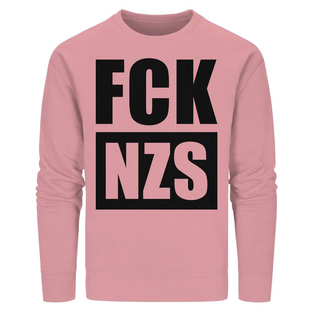 Vegan und Bio Unisex Sweatshirt mit „FCK NZS“-Aufdruck, rosa Crewneck, normaler Schnitt, aus Biobaumwolle und recyceltem Polyester, von RUDE REBEL.
