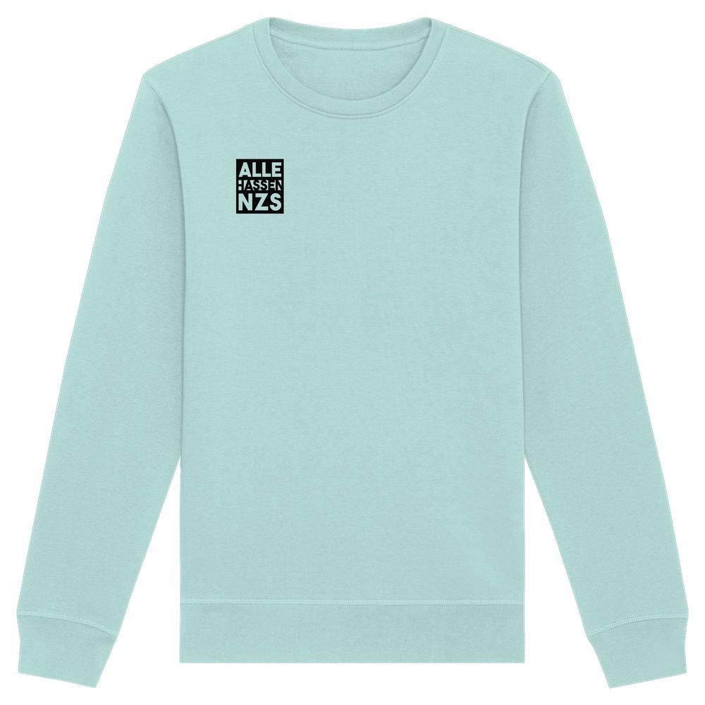 Vegan und Bio Unisex Sweatshirt: ALLE HASSEN NZS! zeigt mintgrünes Sweatshirt mit schwarzem Quadrat und weißem Text auf der Brust. Nachhaltig aus Bio-Baumwolle.