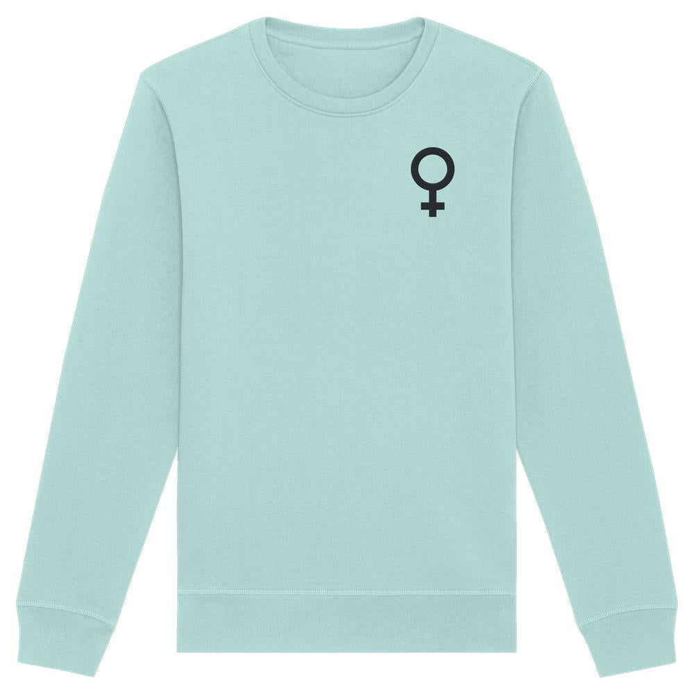 Langarmiges, mint-teal Sweatshirt mit schwarzem Venus-Symbol auf der Brust. Aus Bio-Baumwolle und recyceltem Polyester. Symbolisiert den feministischen Kampf für Frauenrechte.
