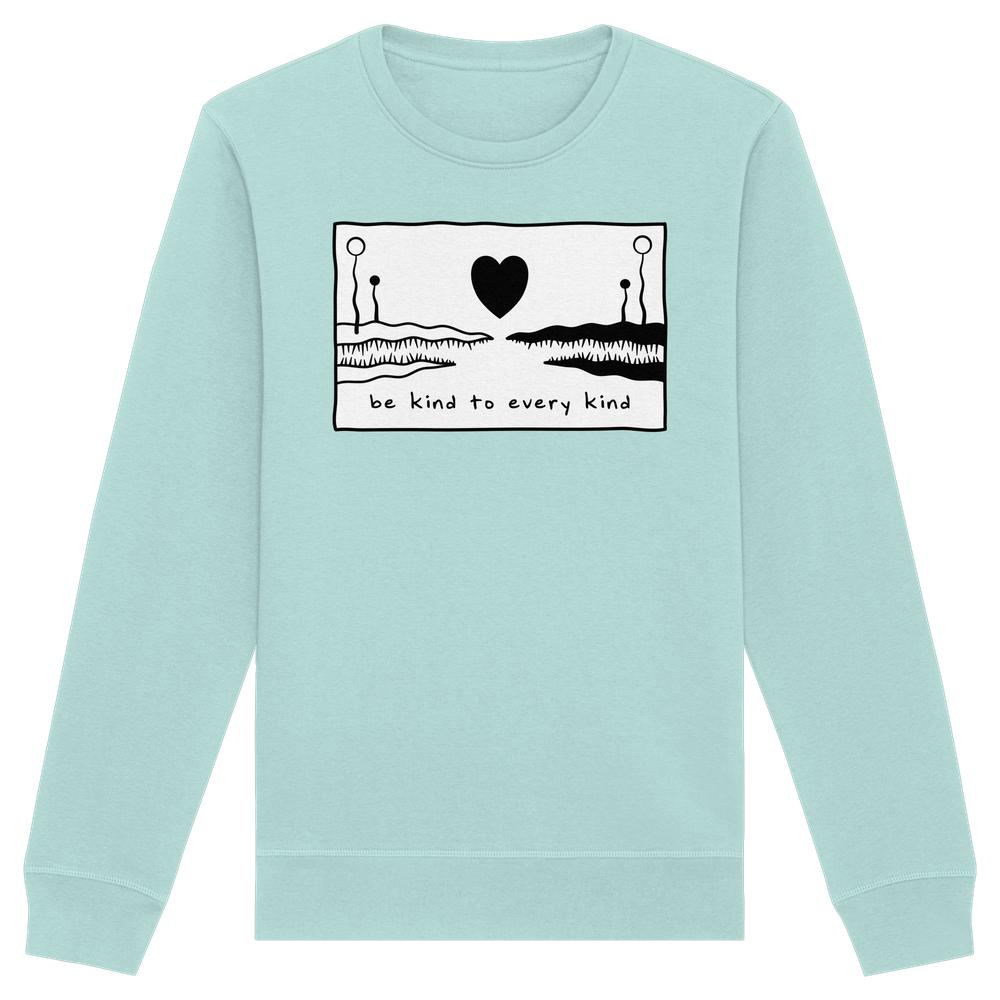 Vegan und Bio Unisex Sweatshirt: Be kind to every kind, mintgrün, mit abstrakter Grafik und Schriftzug, aus Bio-Baumwolle und recyceltem Polyester, normale Passform.