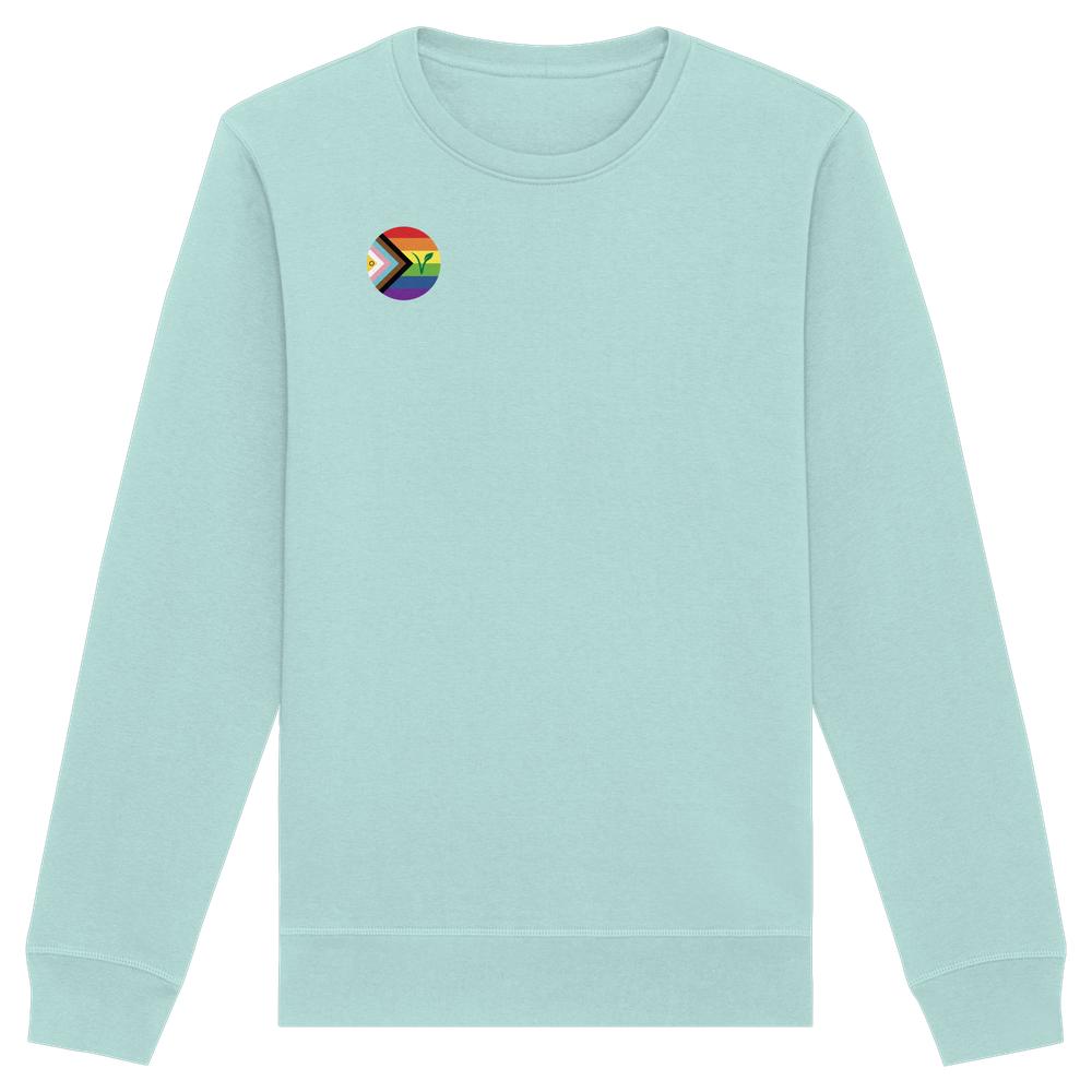 LGBTQIA+ VEGAN Sweatshirt mit kleinem Fortschritt-Pride-Emblem und veganem V auf gelbem Streifen, mint-türkis, normale Passform, Bio-Baumwolle und recyceltem Polyester.