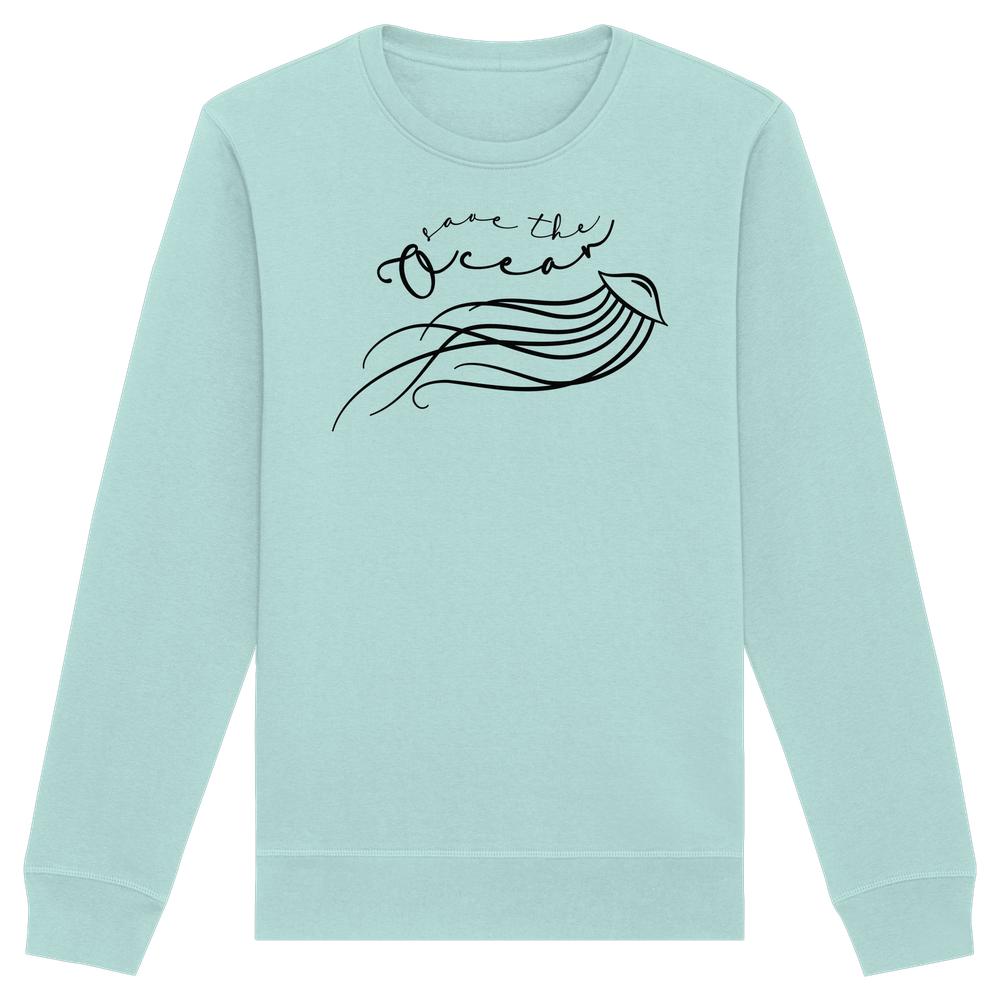 Vegan und Bio Unisex Sweatshirt: Jellyfish - Save the Ocean mit minimalistischer Qualle und Textmotiv, betont Meeresschutz. Hergestellt aus Bio-Baumwolle und recyceltem Polyester.