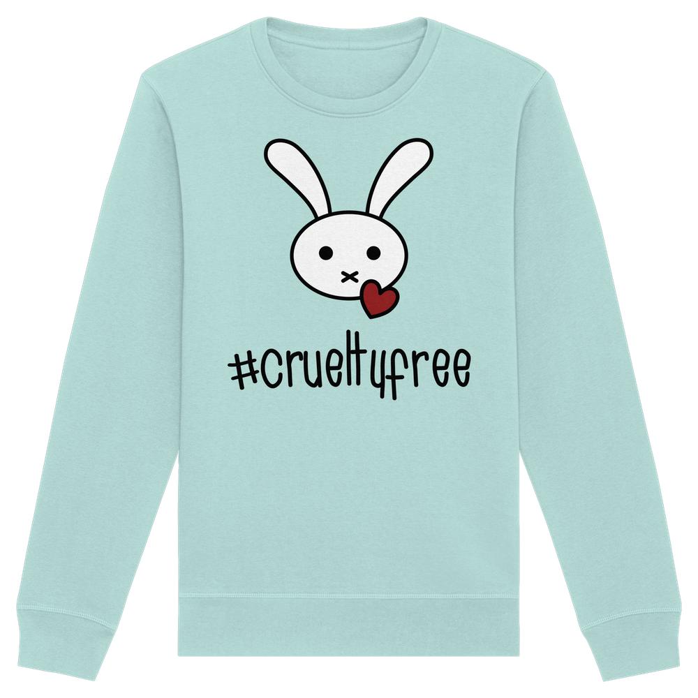 Vegan und Bio Unisex Sweatshirt: Crueltyfree Bunny BIG zeigt einen Cartoon-Hasen mit Herz. Nachhaltig aus Biobaumwolle und recyceltem Polyester gefertigt.