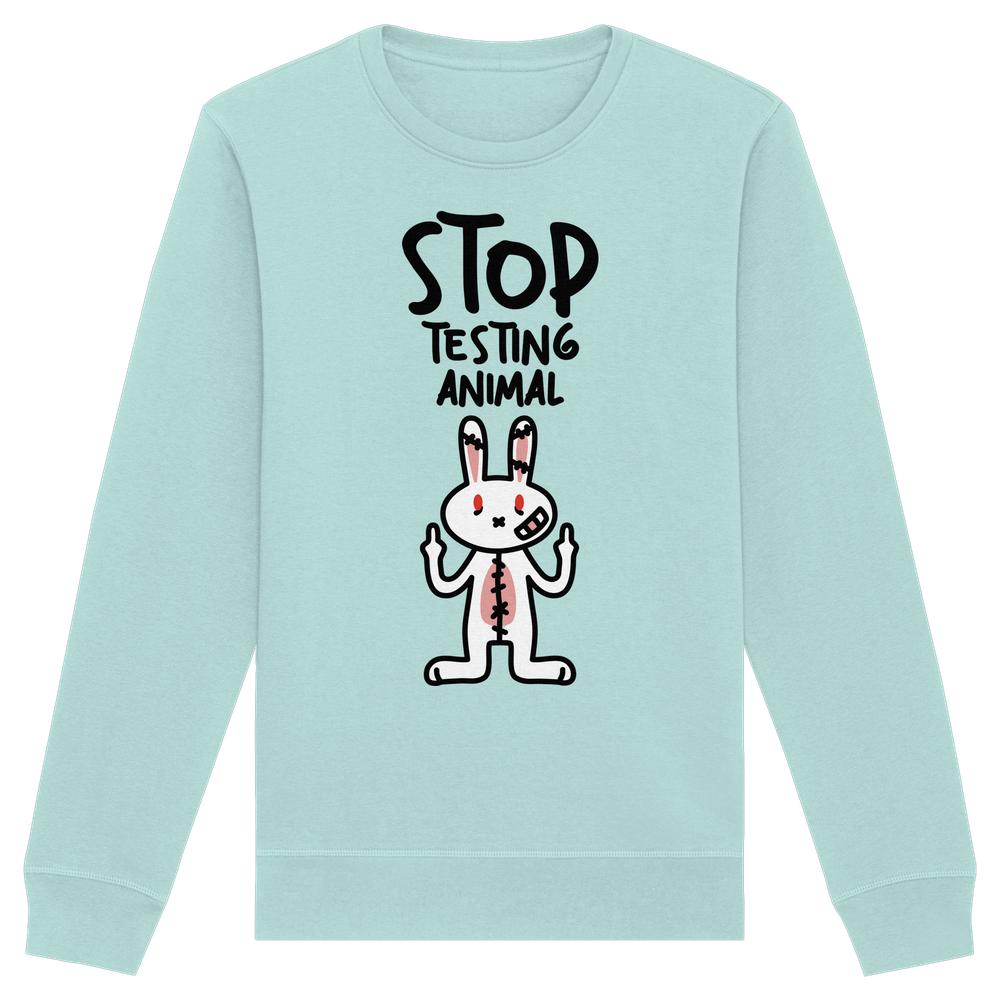 Vegan und Bio: Angry Rabbit - Animal Rights - Organic Basic Unisex Sweatshirt mit Cartoon-Häschen, das gegen Tierversuche protestiert. Material: Bio-Baumwolle und recyceltes Polyester.