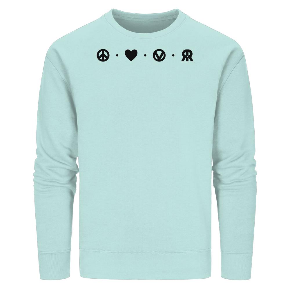 Vegan und Bio Unisex Sweatshirt mit Symbolen Frieden, Liebe, Veganismus, Rebellion. Hergestellt aus Bio-Baumwolle und recyceltem Polyester. Normale Passform, ideal für nachhaltige Mode.