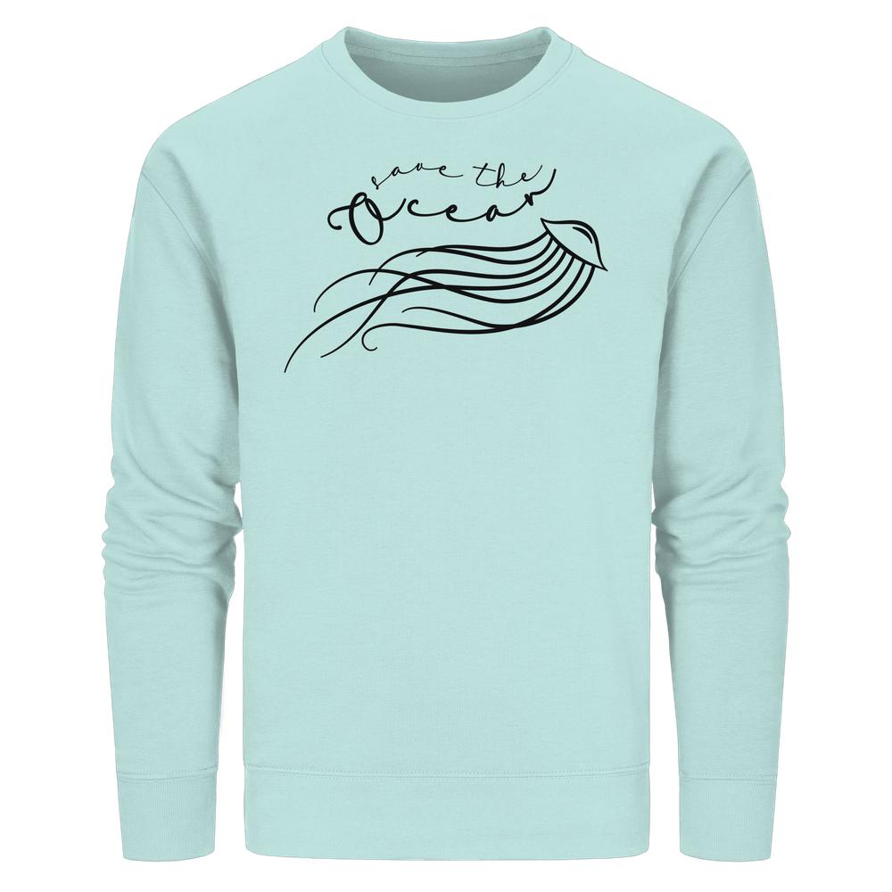 Vegan und Bio Unisex Sweatshirt mit Quallen-Design und Save the Ocean-Aufschrift, aus Bio-Baumwolle und recyceltem Polyester, normaler Schnitt, von RUDE REBEL.