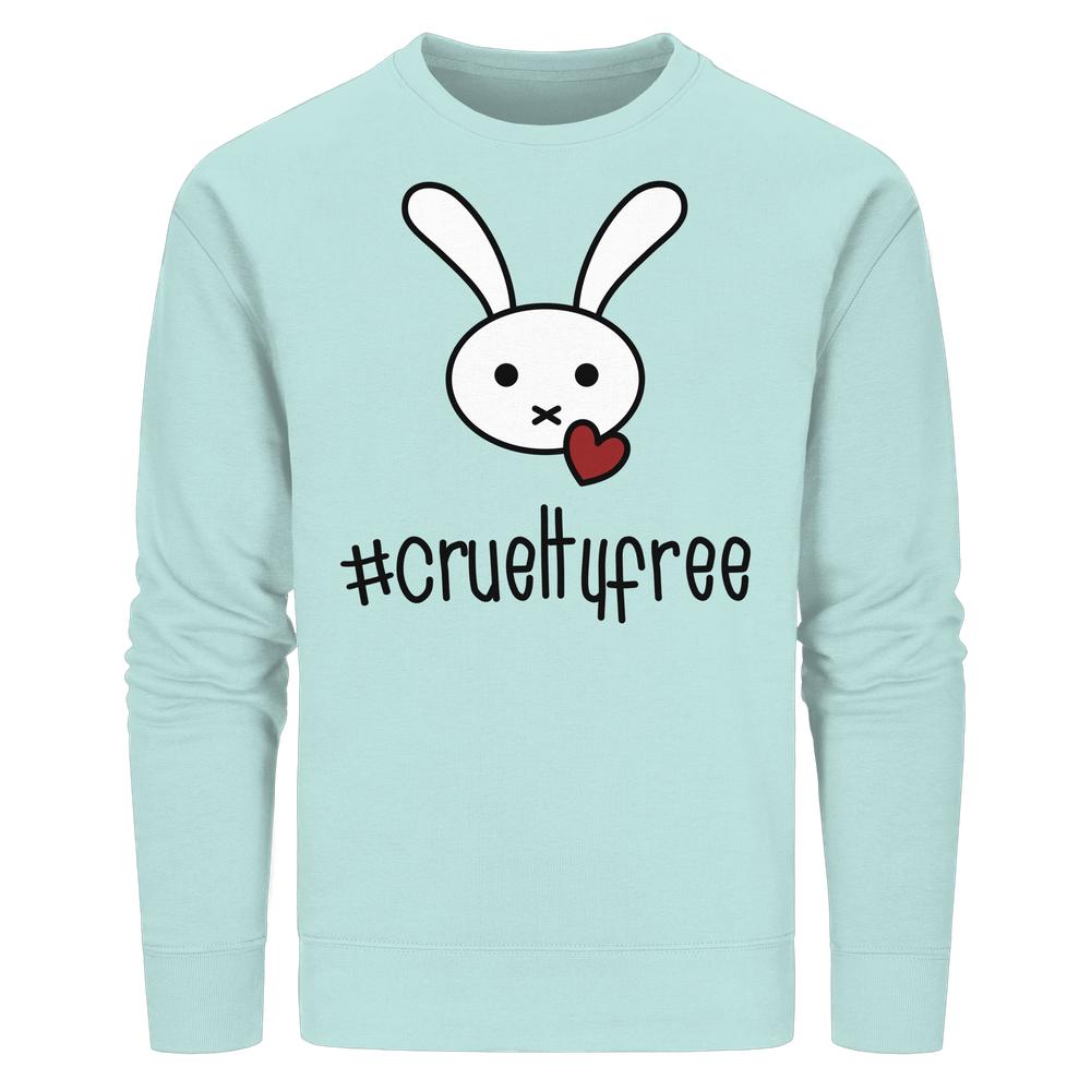 Vegan und Bio Unisex Sweatshirt: Crueltyfree Bunny BIG – Ein Sweatshirt mit Häschenmotiv, das ein Herz hält, symbolisiert Tierrechtsbewusstsein und Nachhaltigkeit. Ideal für umweltbewusste Träger.
