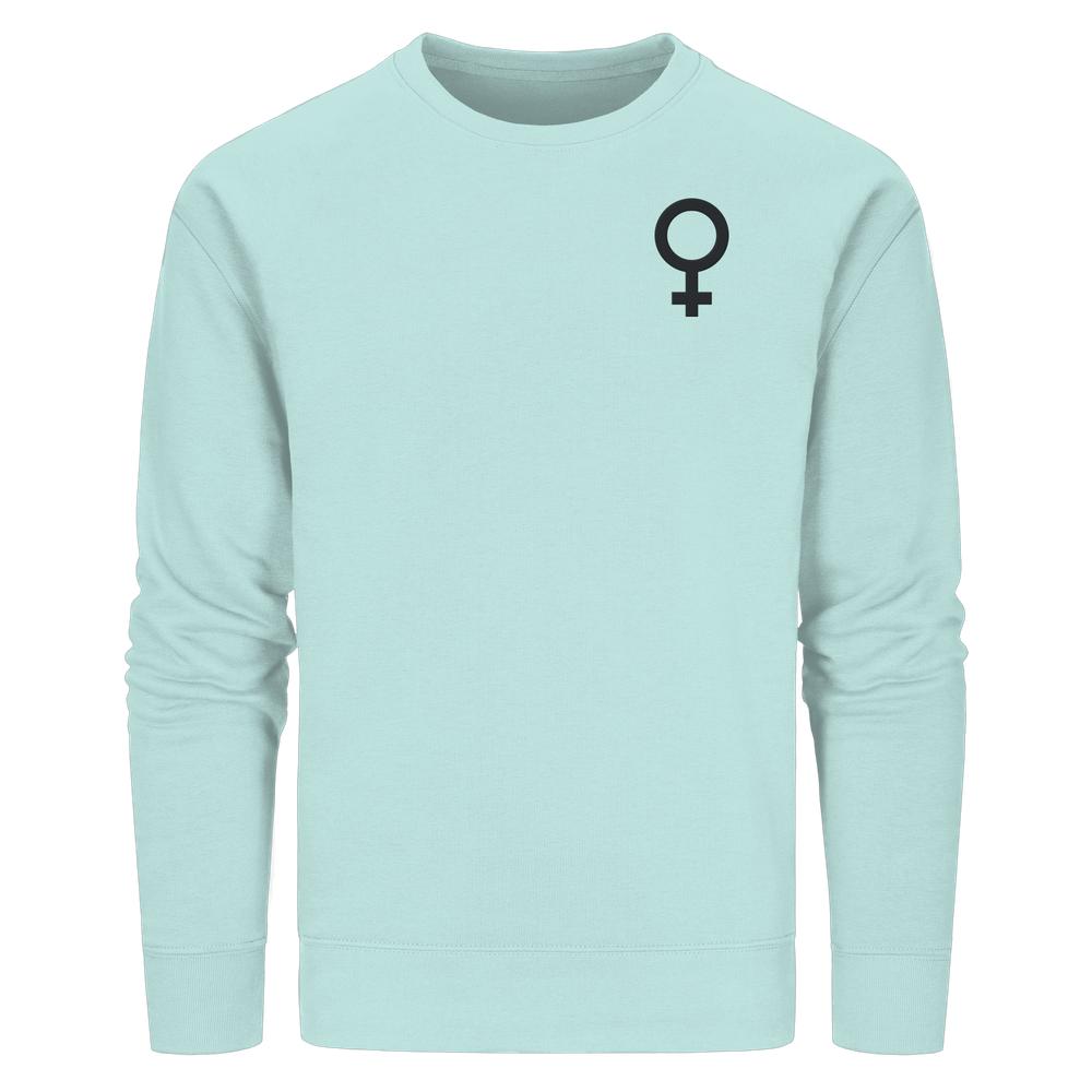 Vegan und Bio Sweatshirt bestickt: Das Venussymbol - der feministische Kampf. Mintgrüner Pullover mit Venus-Symbol auf der Brust, aus Biobaumwolle und recyceltem Polyester.