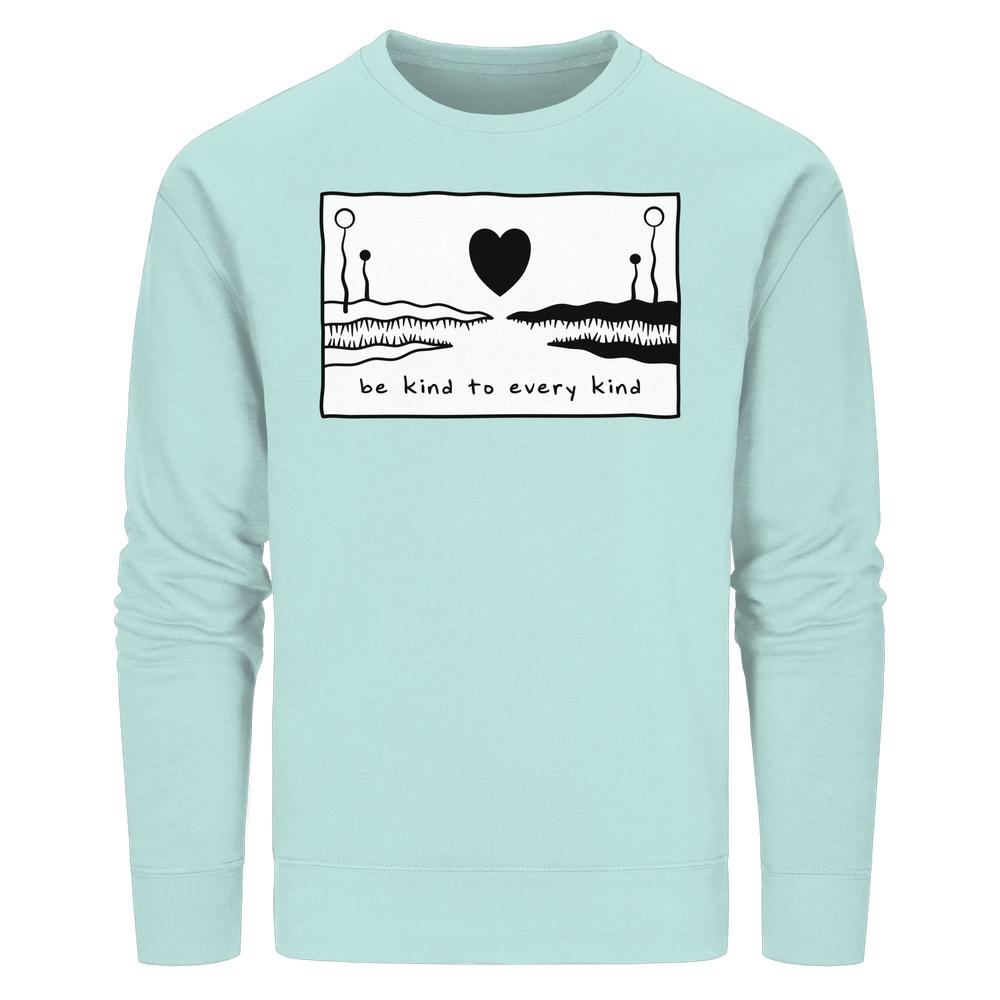 Sweatshirt mit schwarzem Herzmotiv und be kind to every kind-Slogan, aus Bio-Baumwolle und recyceltem Polyester, verkörpert RUDE REBELs veganes, nachhaltiges Design.