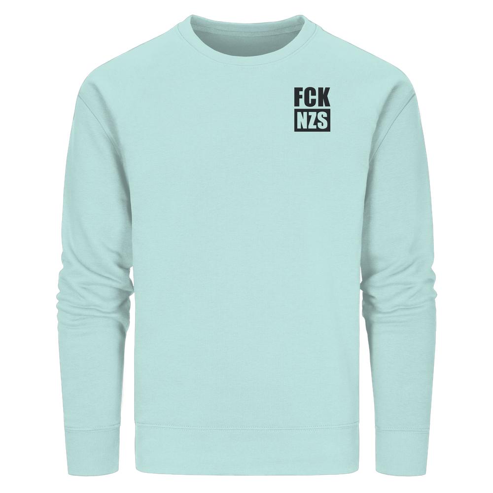 Vegan und Bio Sweatshirt bestickt: FCK NZS - Organic Basic Unisex Sweatshirt mit schwarzem Schriftzug FCK NZS auf mintgrünem Stoff, normale Passform, biologisch und recycelt.