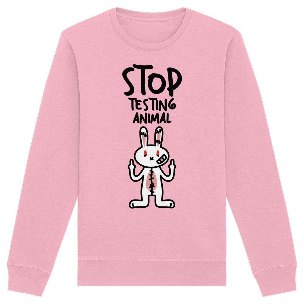 Unisex-Sweatshirt Vegan und Bio: Angry Rabbit mit Protestmotiv gegen Tierversuche, featuring gesticktes Häschen und Slogan STOP TESTING ANIMAL.
