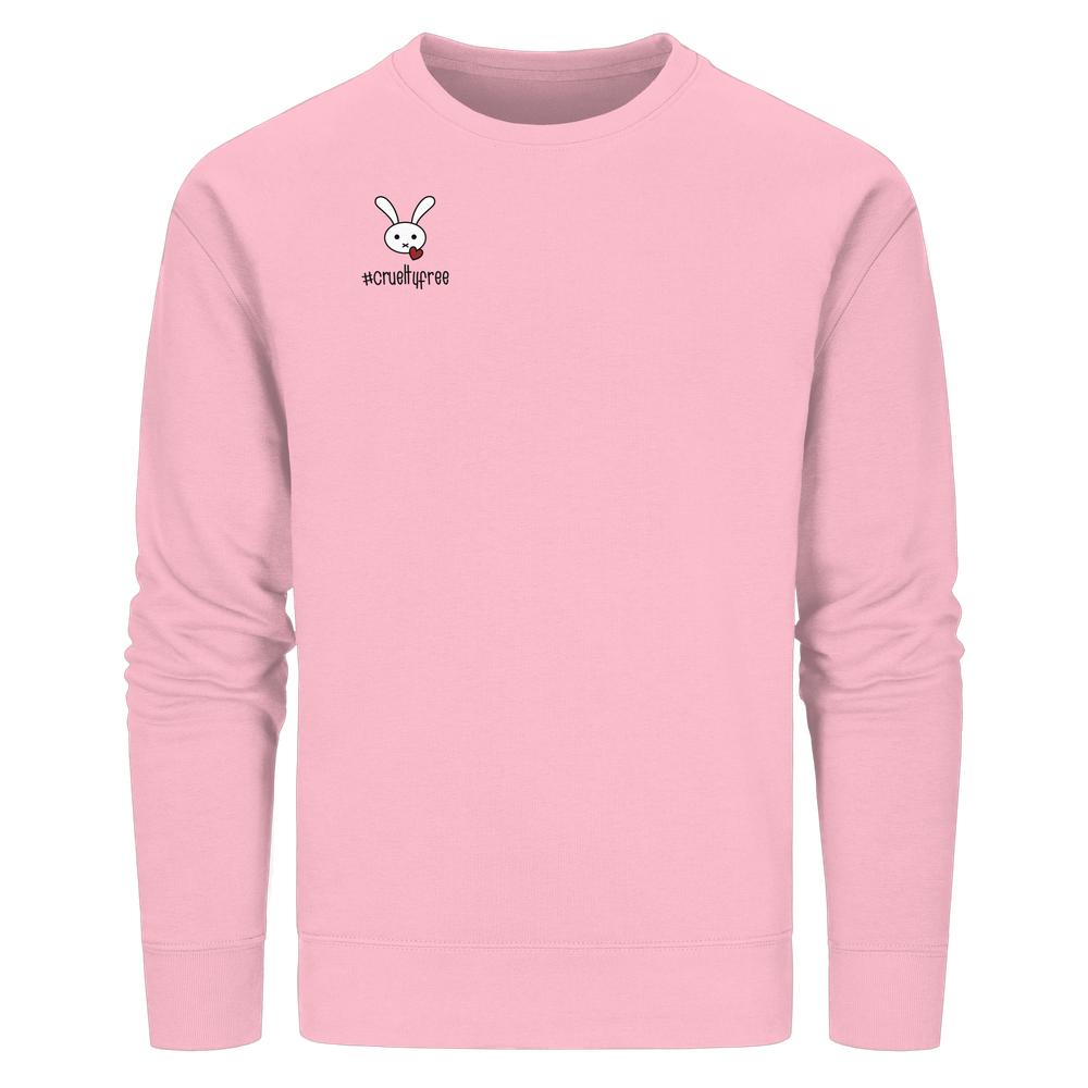 Vegan und Bio Unisex Sweatshirt: Crueltyfree Bunny mit Cartoon-Hasenkopf und crueltyfree Schriftzug, langärmelig, Bio-Baumwolle, recyceltes Polyester, normaler Schnitt.
