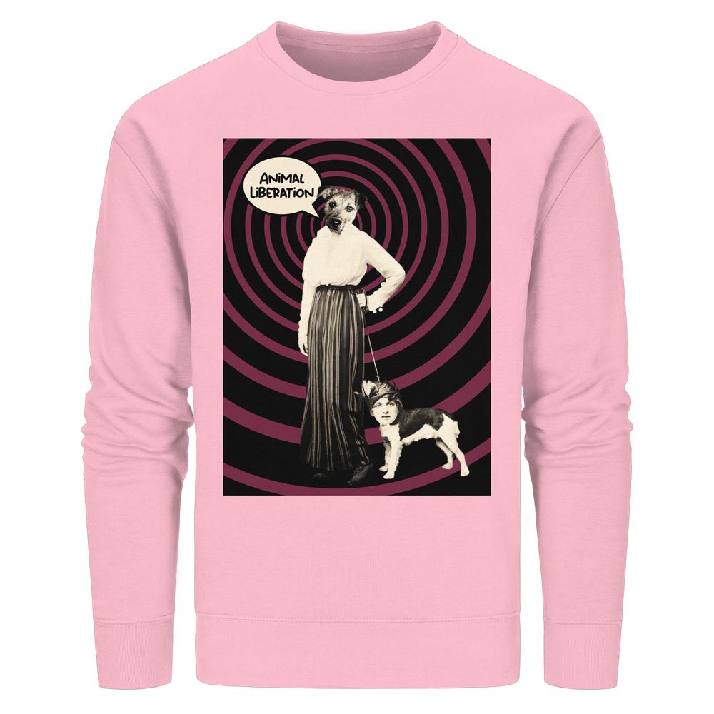 Vegan und Bio Unisex Sweatshirt: Upside Down - Animal Liberation mit Collage aus Hundemensch, spricht „ANIMAL LIBERATION“, inspirierend für Tiergleichheit und Freiheit, aus nachhaltiger Bio-Baumwolle und recyceltem Polyester gefertigt.
