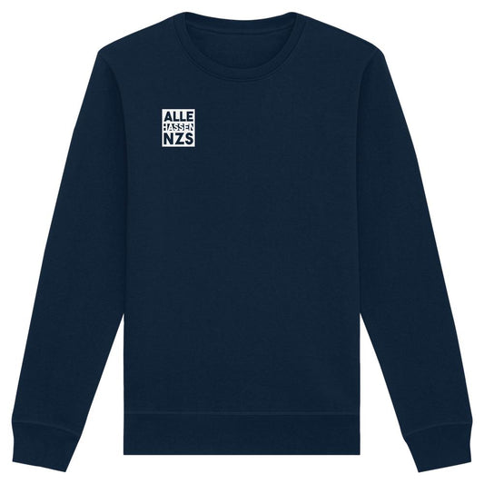 Vegan und Bio Unisex Sweatshirt: ALLE HASSEN NZS! Navyblaues Sweatshirt mit weißem Print auf der Brust, aus Bio-Baumwolle und recyceltem Polyester.