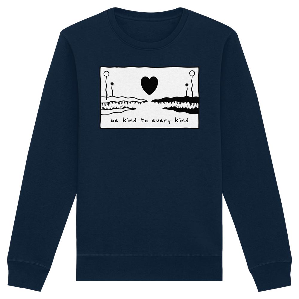 Navy-blauer Unisex-Sweatshirt mit schwarzem Herz, Pflanzenmotiv und be kind to every kind Slogan, aus Bio-Baumwolle und recyceltem Polyester.
