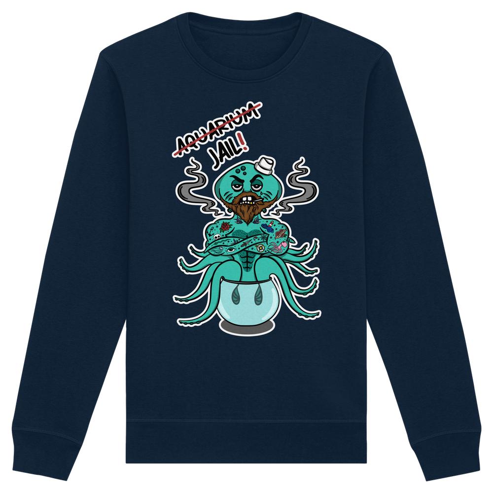 Dunkelblaues Unisex-Sweatshirt mit Cartoon-Oktopus-Grafik, Aquarium=Jail!-Slogan. Bio-Baumwolle, nachhaltige Mode von RUDE REBEL, thematisiert Tierrechte.