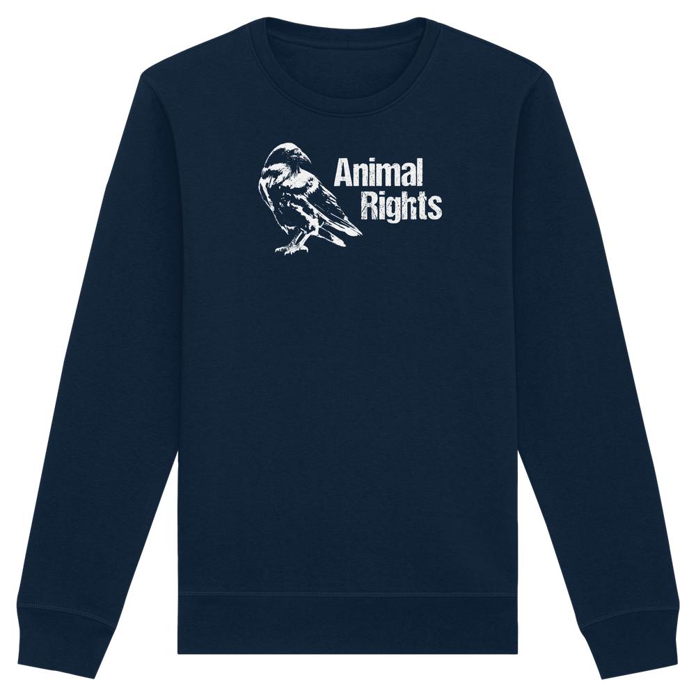 Navyblaues Unisex-Sweatshirt Raven - Animal Rights mit weißem Vogel-Motiv und Schriftzug, aus Bio-Baumwolle und recyceltem Polyester.