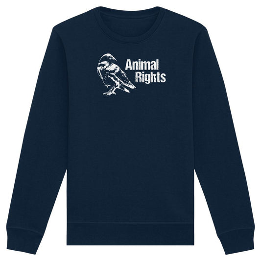 Navyblaues Unisex-Sweatshirt Raven - Animal Rights mit weißem Vogel-Motiv und Schriftzug, aus Bio-Baumwolle und recyceltem Polyester.