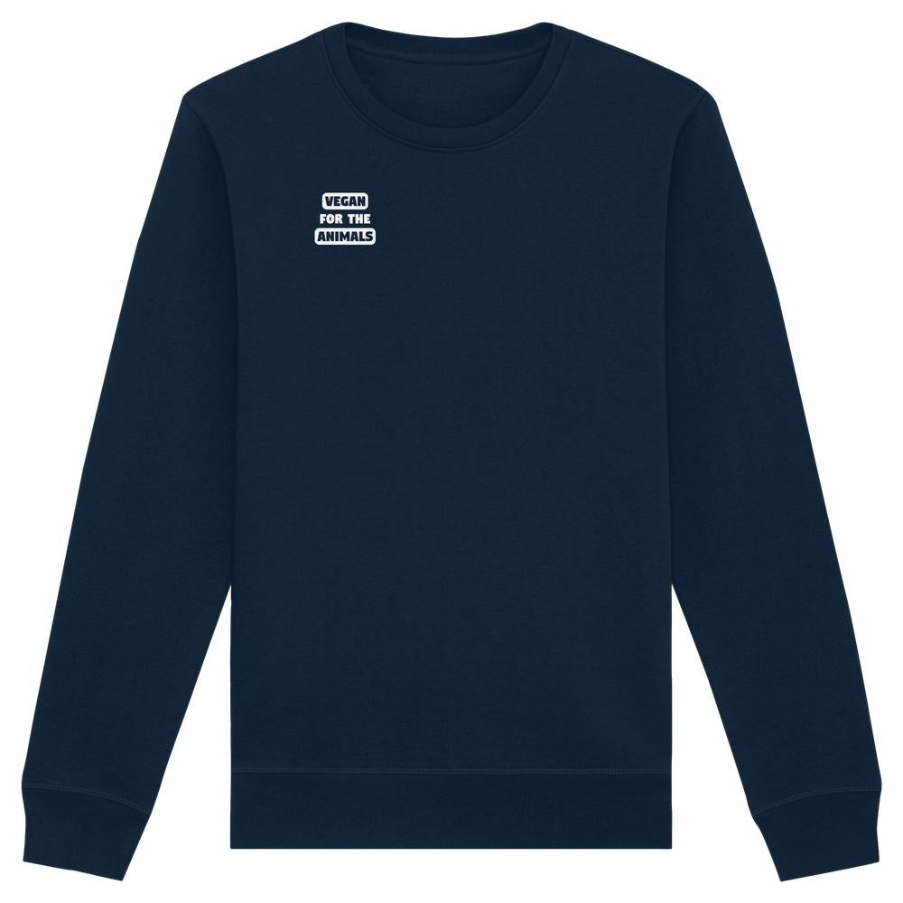 Unisex Sweatshirt in Dunkelblau mit VEGAN FOR THE ANIMALS-Aufdruck links auf der Brust. Hergestellt aus Bio-Baumwolle und recyceltem Polyester, normale Passform.