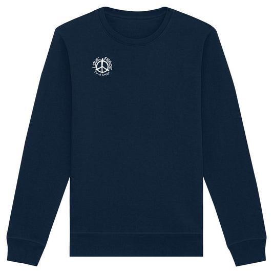 Vegan und Bio Unisex Sweatshirt: LOVE and PEACE for all beings, navyblau mit weißem Friedenssymbol und Schriftzug. Hergestellt aus Bio-Baumwolle und recyceltem Polyester.