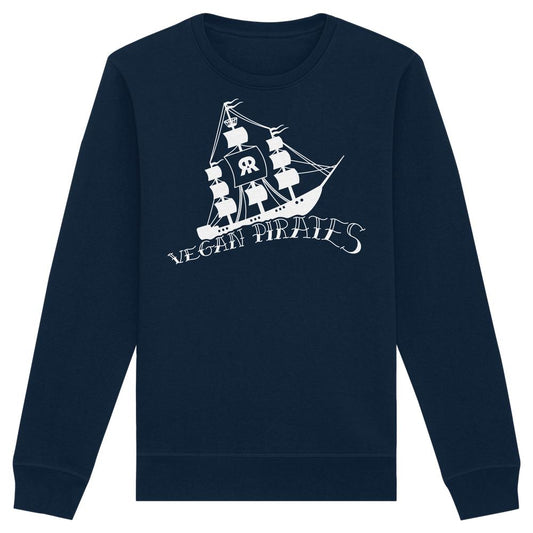 Unisex-Sweatshirt mit Vegan Pirates-Grafik, zeigt altes Segelschiff. Hergestellt aus Bio-Baumwolle und recyceltem Polyester, passt es zur rebellischen, veganen RUDE REBEL-Marke.