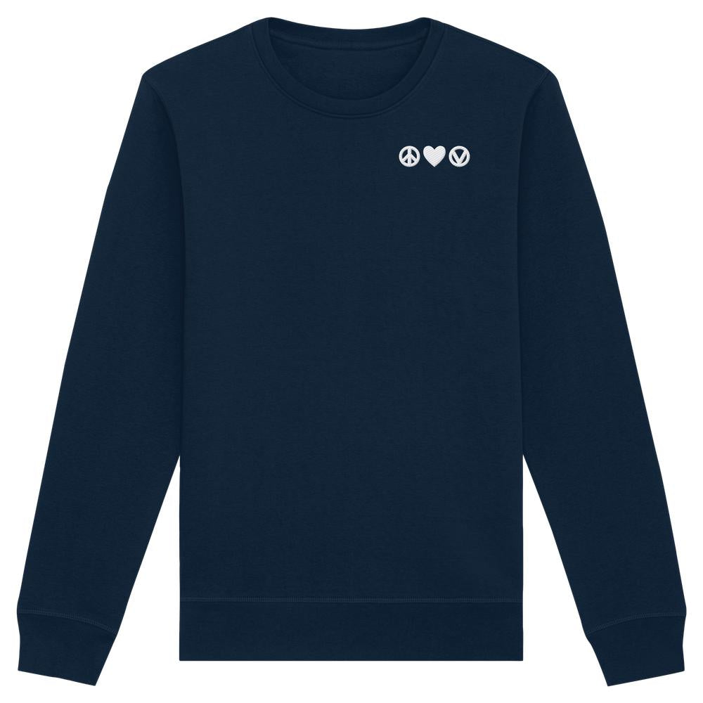 Navy-blauer Bio-Sweatshirt Peace - Love - Veganism mit weißen Symbolen: Frieden, Herz, Veganismus. Nachhaltiger Materialmix, normaler Schnitt, ideal für vegane Botschaften.
