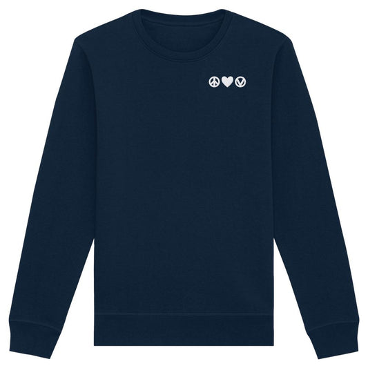 Navy-blauer Bio-Sweatshirt Peace - Love - Veganism mit weißen Symbolen: Frieden, Herz, Veganismus. Nachhaltiger Materialmix, normaler Schnitt, ideal für vegane Botschaften.