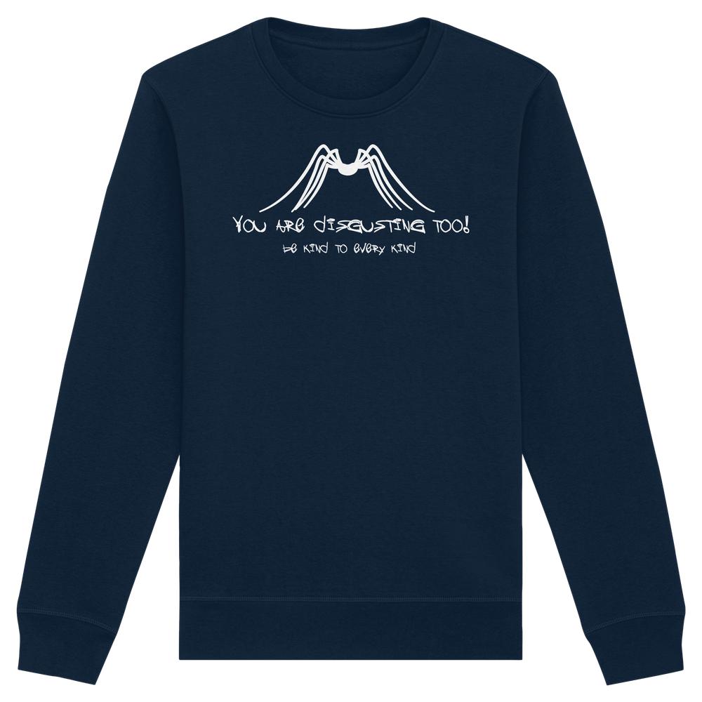 Navyblaues Unisex-Sweatshirt mit weißem Spinnengrafik und Spruch: „Be kind to every kind“. Bio-Baumwolle, recyceltes Polyester, normaler Schnitt.