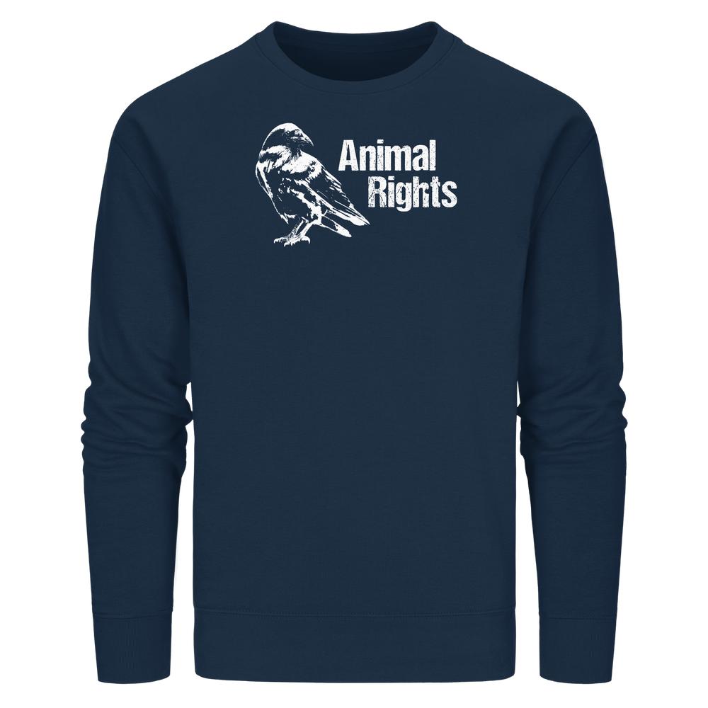 Navy-blaues Unisex-Sweatshirt mit Animal Rights-Grafik und Rabenmotiv, aus Bio-Baumwolle, von RUDE REBEL, unterstützt Tierrechte und Naturschutz.