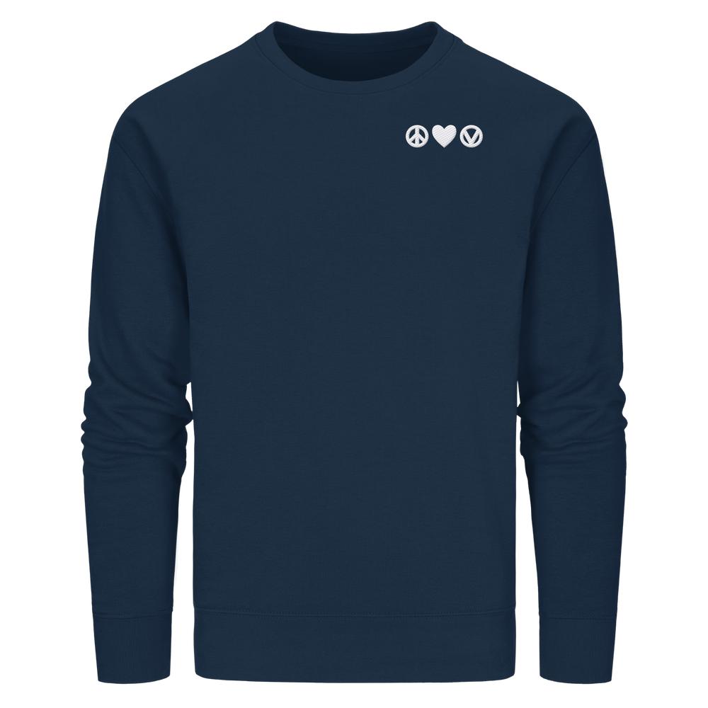 Vegan und Bio Sweatshirt bestickt: Peace - Love - Veganism; navy-blaues Sweatshirt mit weißen Symbolen: Peace-Zeichen, Herz, veganer Kreis-V, betont veganes, nachhaltiges Design von RUDE REBEL.