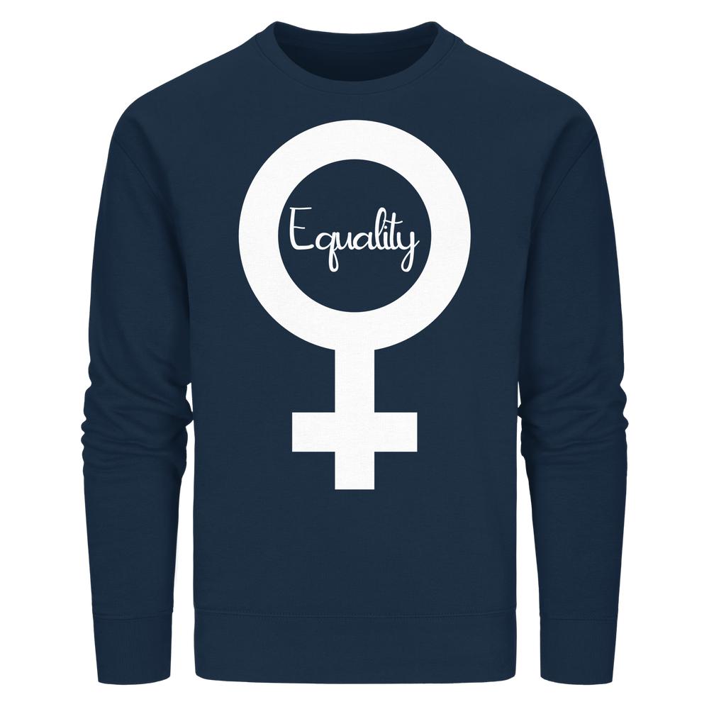 Vegan und Bio Unisex Sweatshirt mit Feminismus-Design: Dunkelblauer Pullover mit weißem Venus-Symbol und Equality-Schriftzug, aus Bio-Baumwolle und recyceltem Polyester.