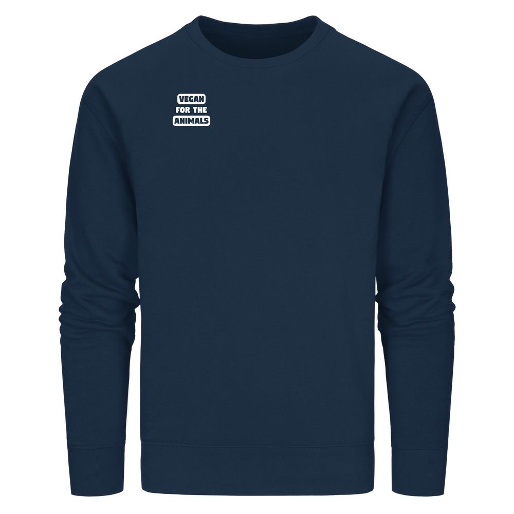 Vegan und Bio Unisex Sweatshirt: VEGAN FOR THE ANIMALS, navyblauer Crewneck mit weißem Slogan auf der Brust, aus Bio-Baumwolle und recyceltem Polyester, normale Passform.