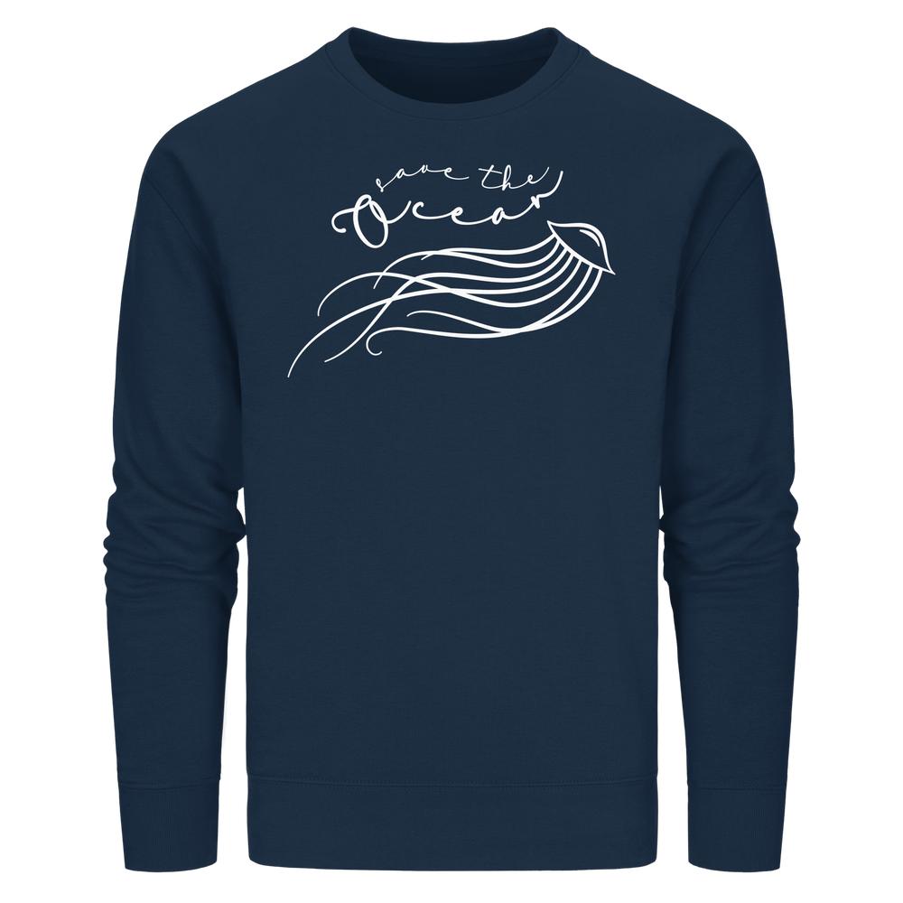 Vegan und Bio Unisex Sweatshirt: Jellyfish - Save the Ocean, mit filigranem Quallen-Design und Aufruf zum Meeresschutz auf navyblauem, nachhaltigem Sweatshirt.