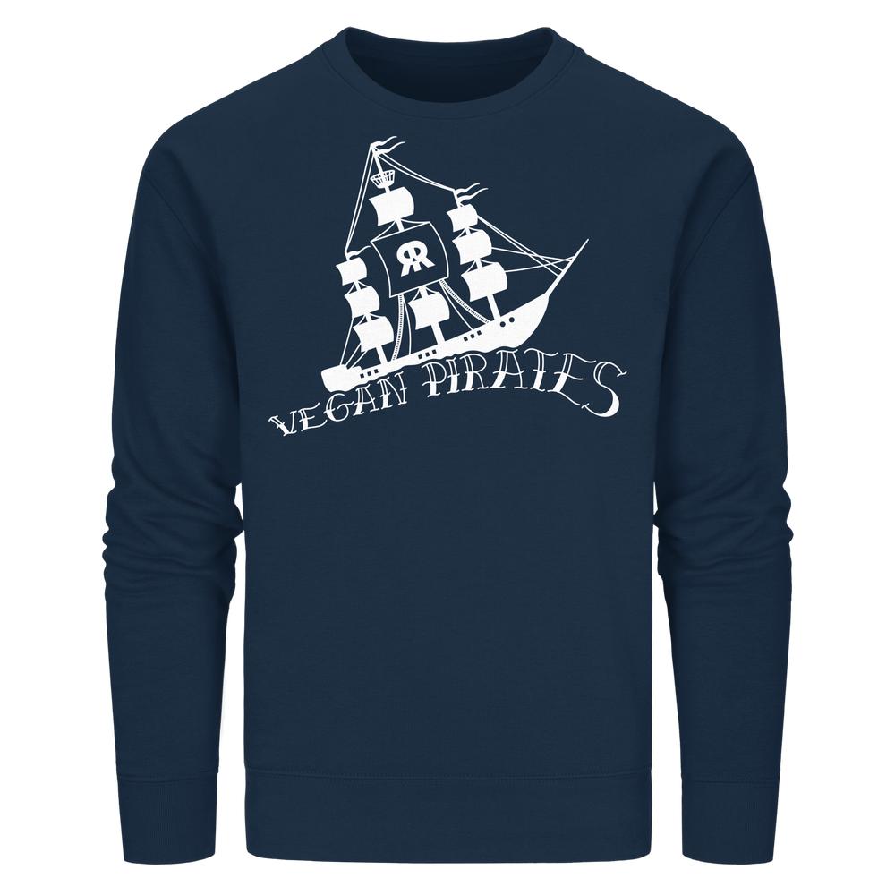 Unisex-Sweatshirt Vegan Pirates mit weißem Piratenschiff-Print auf navy-blauem Hintergrund, aus Bio-Baumwolle und recyceltem Polyester, normale Passform.
